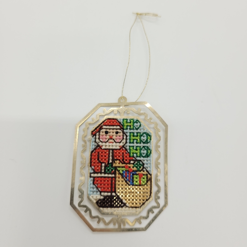 Vintage Cross Stitch Gold Tone Pressed Metal Ornament Santa Retro Christmas